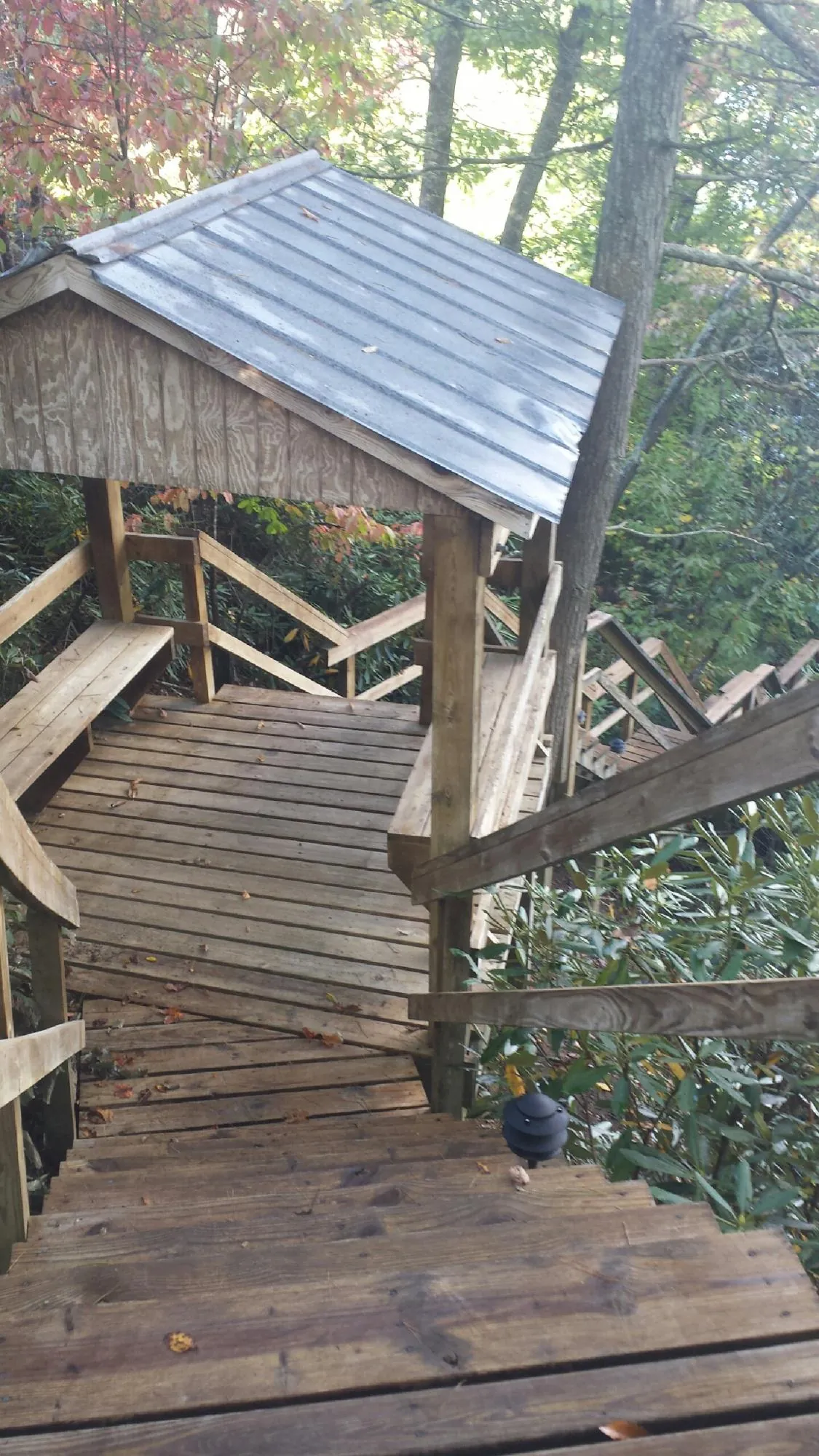 Metal roofed shelter over wooden steps on a wooded walkway — Skylight Repair & Installation work by our crew in Irmo